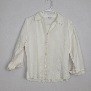 Richard Malcolm small button up blouse white floral embroidery Linen